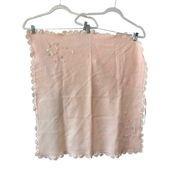 Vintage Hooded Baby Blanket 31.5" X 30" Crochet Lace Pastel Embroidered Floral - Picture 1 of 8